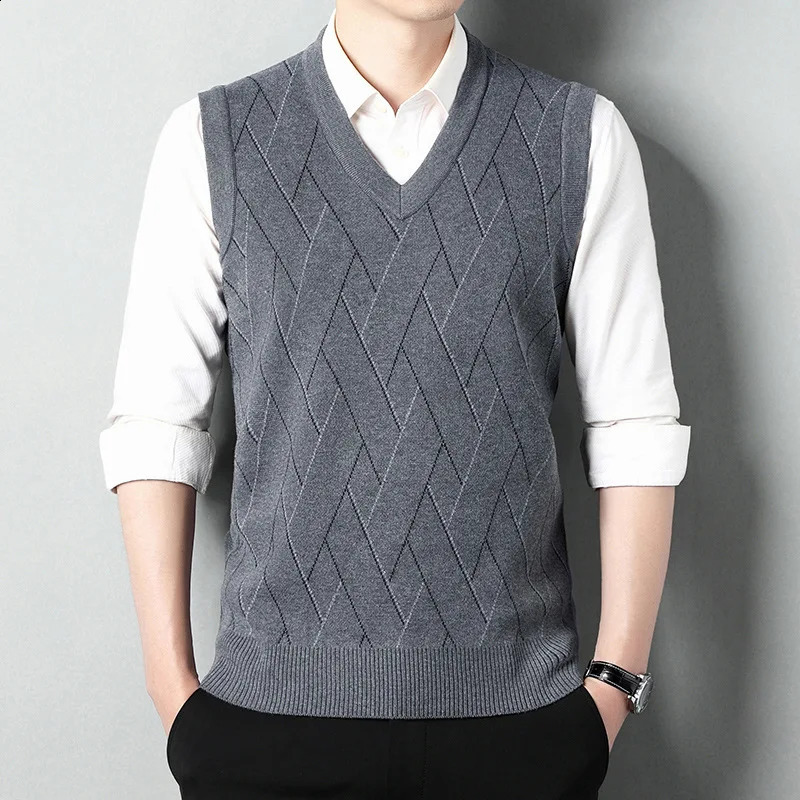 Spring Autumn Casual Fashion Mens Sweater Tank Top Print Stripe V-neck Patchwork Screw Thread Loose Knitted Sleeveless Top 240821