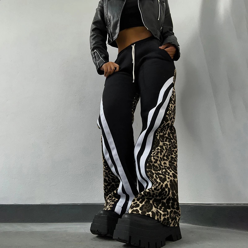 Sexy Leopard Print Patchwork Wide Leg Pants Women Drawstring Casual Baggy Sweatpants Spring Fall Harajuku Y2K Clothes 240820