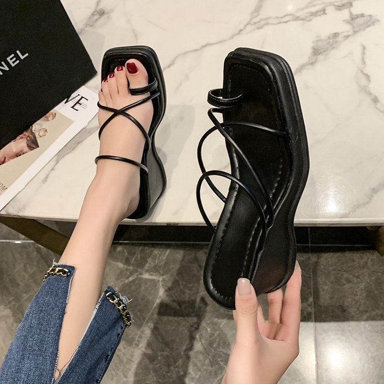 Ddmysports Slope Heel Slippers Women S Summer New Style Square Thick Bottom Straight For External Wear Cross Strap Toe Clip Cool Slipper OUTDOOR