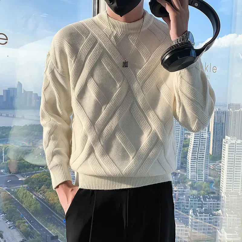 Man Clothes Solid Color Knitted Sweaters for Men Argyle Green No Hoodie Plain Pullovers Korean Fashion Trend Knitwears Sale 240821