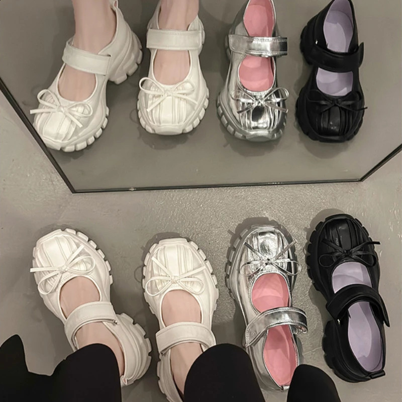 Women Casual Silver Platform Ballet Shoes Thick Sole Sneakers Summer Fashion Single Shoes Woman Platform Mary Jane Pumps 240820