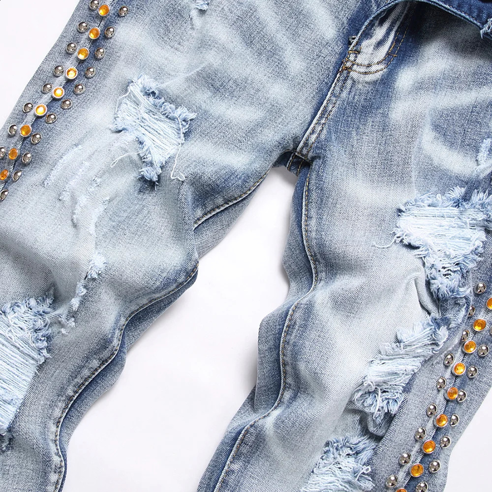 Men Side Rivet Crystal Stretch Denim Jeans Punk Holes Ripped Pants Streetwear Slim Tapered Trousers Blue Black 240821