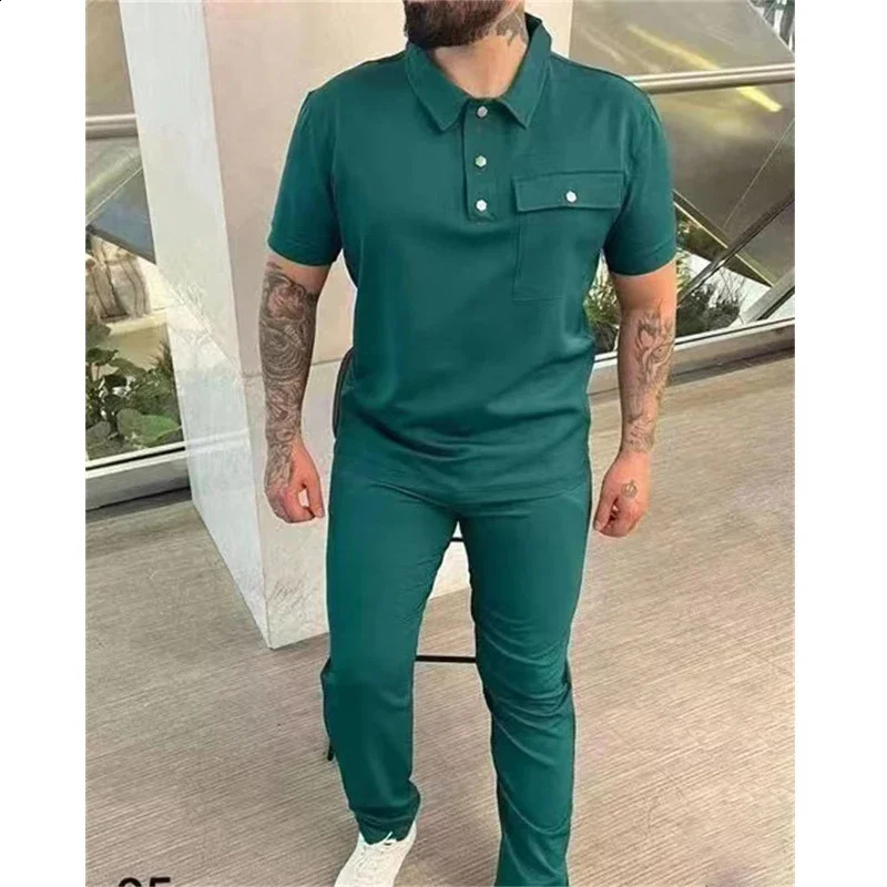 Spring and autumn mens sportswear solid casual loose comfortable mens suit short sleeved polo shirt and pants two-piece set mens suit 240827