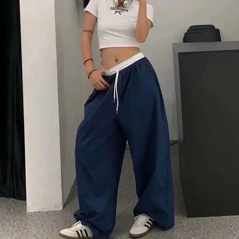 QWEEK Y2k Vintage Oversized Womans Sweatpants Baggy Korean Fashion Casual Pants Wide Blue Thin Trousers America Retro Patchwork 240820