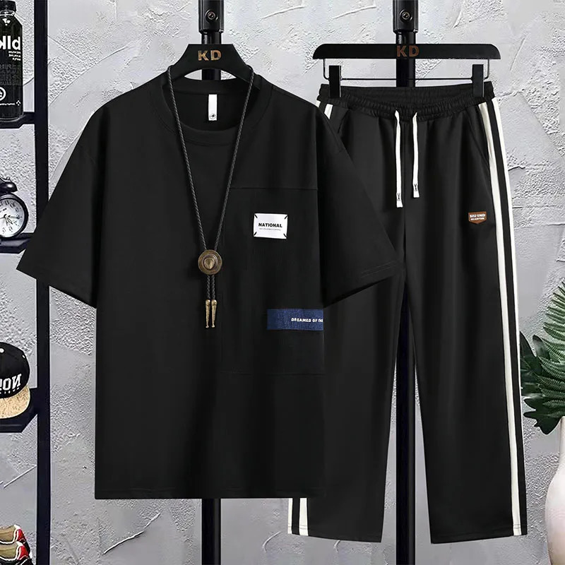 High Quality Summer Casual Two Piece Cotton Mens Sets Short-Sleeve T-Shirts Full-Length Pants Outwear Top Tees Tracksuit 240821