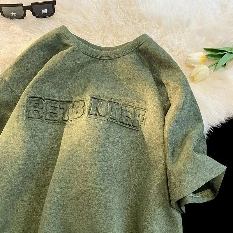 Summer mens and womens fashion personality steel print letter hiphop round neck short sleeved American couple loose casual Tshirt 240821