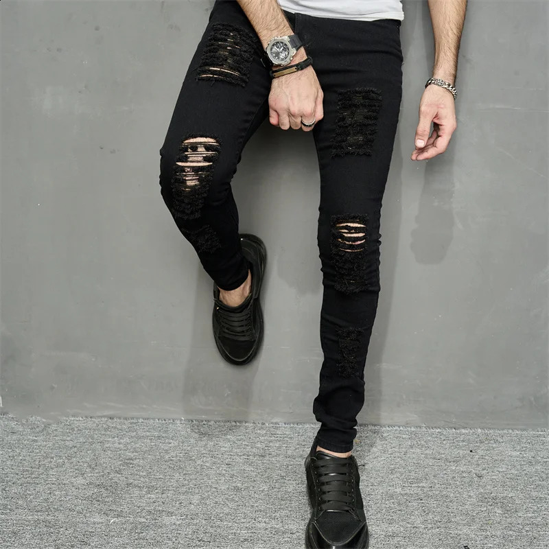 Streetwear Ripped Slim Men Pencil Jeans Pants Stylish Male Hip Hop Stretch Holes Casual Denim Trousers 240821