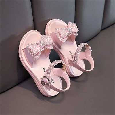 Pearl Diamond Bow Button Girls Silver/Pink Open Toe Sandals Summer Outdoor PU Fashion Sandals for Girls Sizes 26-37 W240821