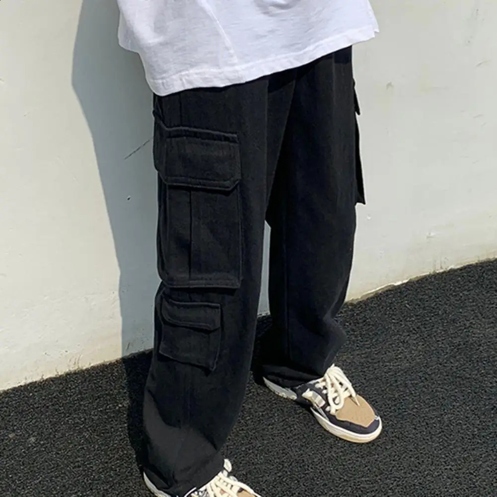 Mens cargo pants straight with multiple pockets solid color brushed elastic waist work and leisure 240821