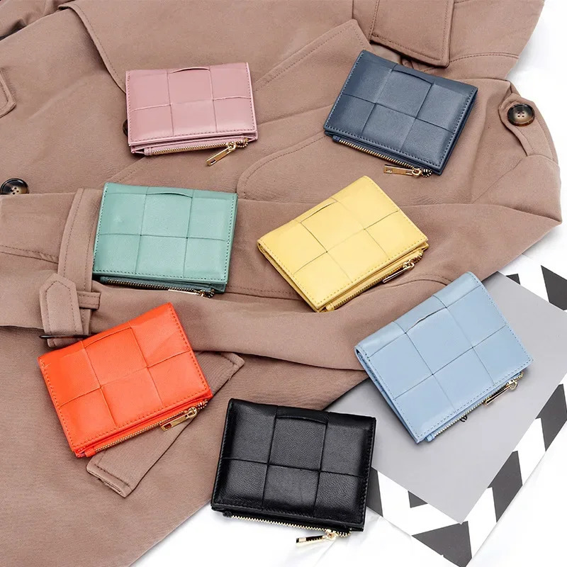 Fashion Knitting Short Wallet for Women Genuine Sheepskin Leather Zipper Coin Purse Female Fashion Money Clip 240820