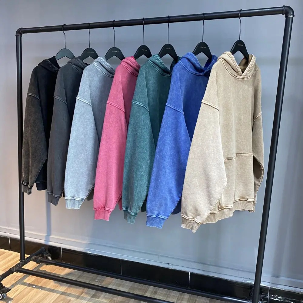 Mens Custom 420 Gsm Washed Hoodie Sweatshirt Plain Over sized Blank Cotton Pullover Vintage Stone Acid Washed Hoodie 240820