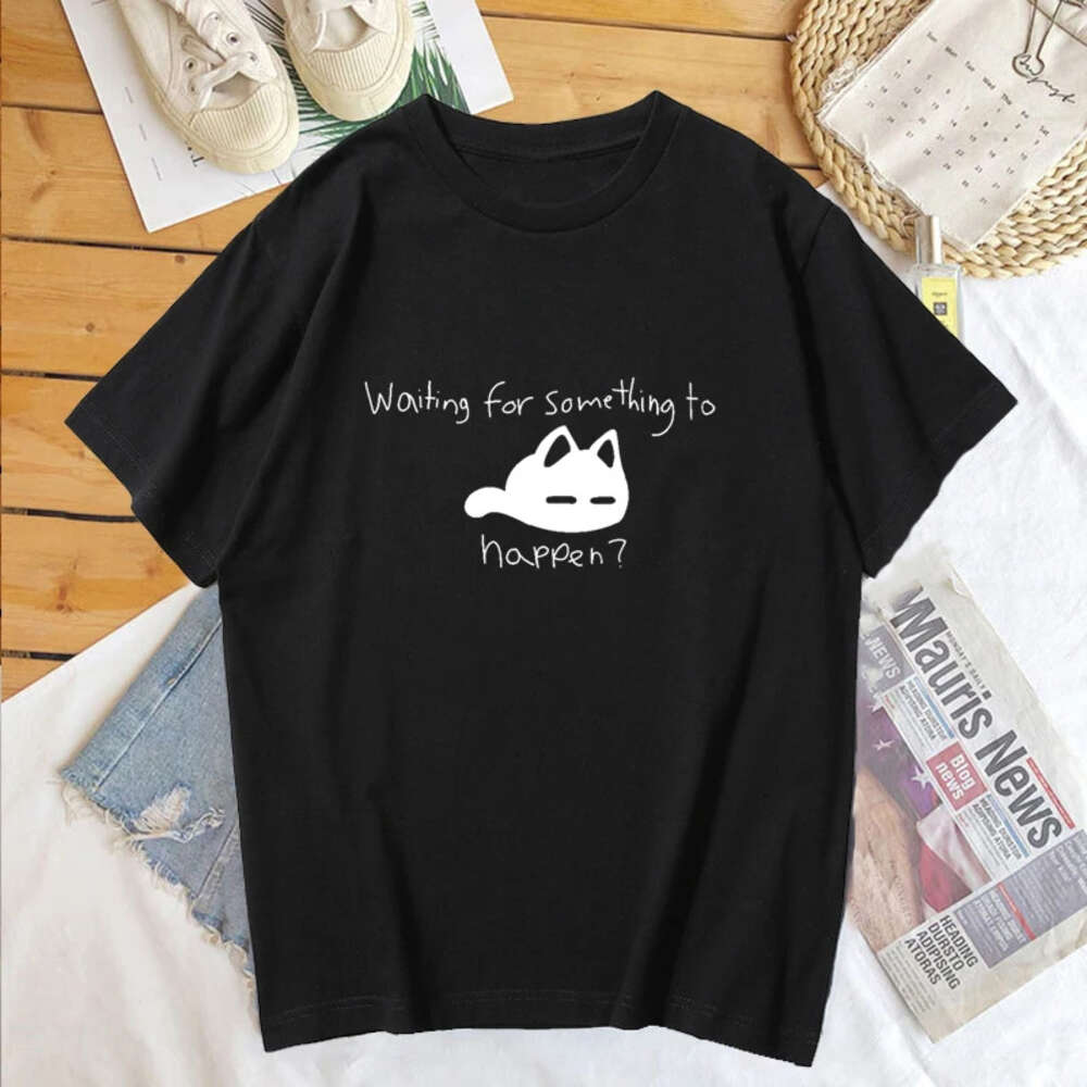 for Waiting Something To Happen Omori Cat Print Women Shirt Haruku Short Sleeve O-neck T-shirt Tee Tops Clothing ps
