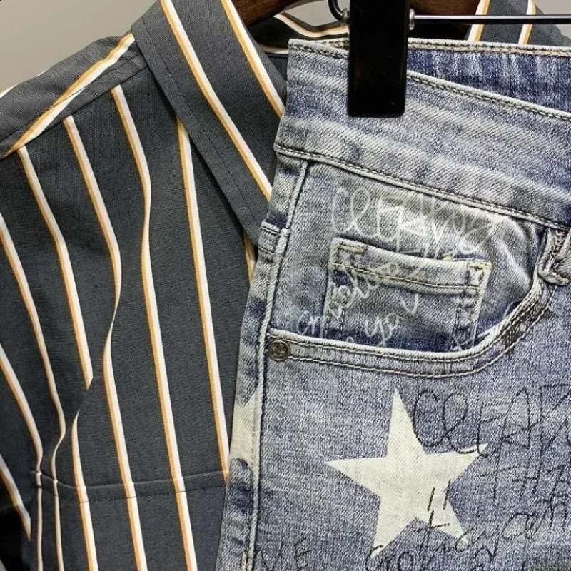 Trousers Star Man Cowboy Pants Cropped Elastic Mens Jeans Stretch Light Blue with Print Clothes Y2k 2000s Spring Autumn Washed 240821