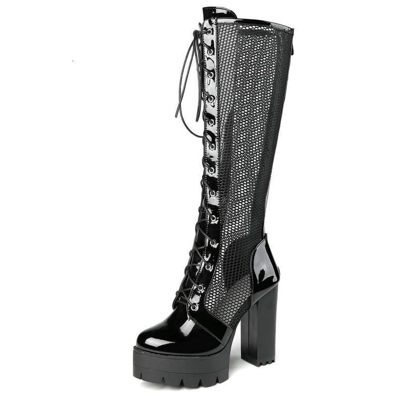 2021 PU Leather Knee Platform Square High Heel Women Summer Boots Fashion Mesh Women's Shoes Black White