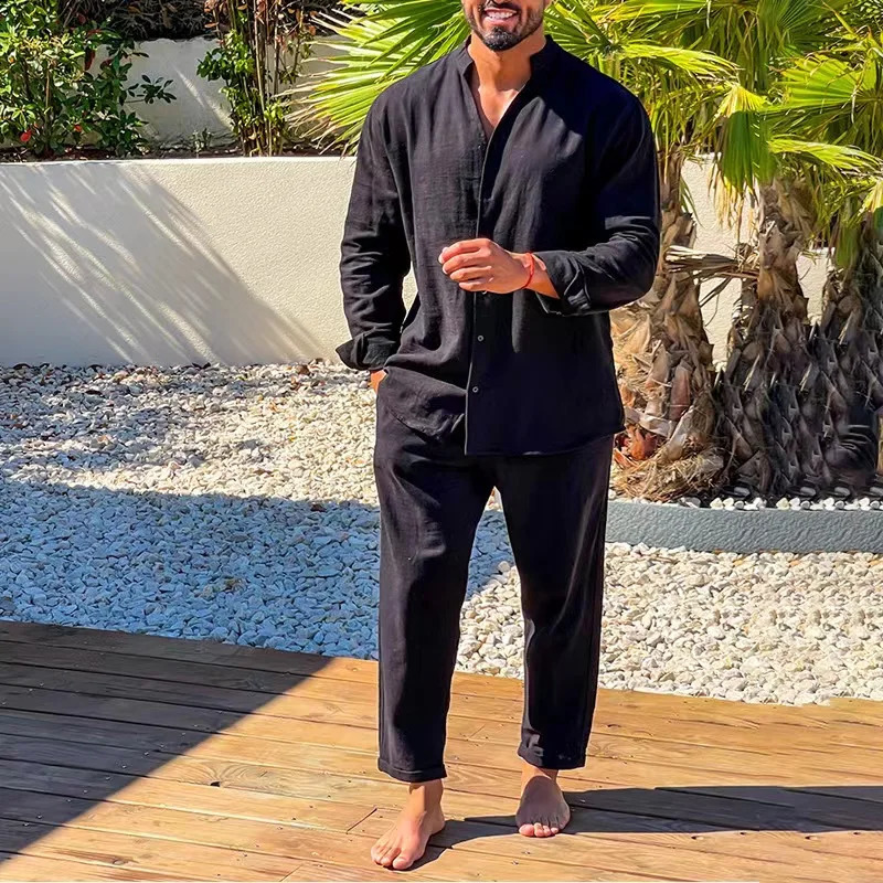 Fashion Simple Casual Sports Suit Mens Linen Breathable Solid Color Long-sleeved Stand Collar Shirt And Trousers Two-piece Set 240821