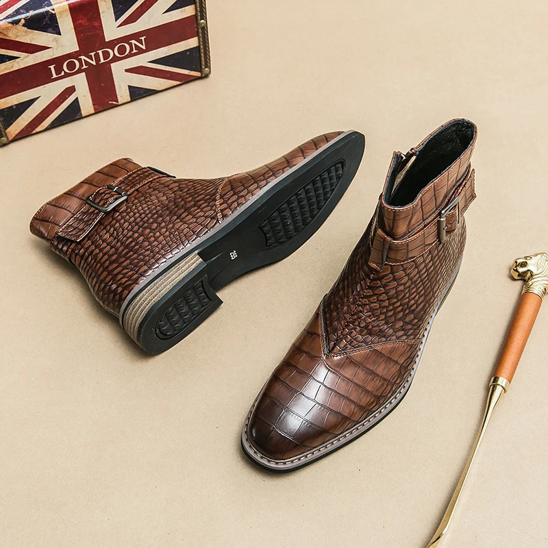 High end banquet formal boots winter ankle boots mens business shoes Pointed mens genuine leather shoes retro brown 240821
