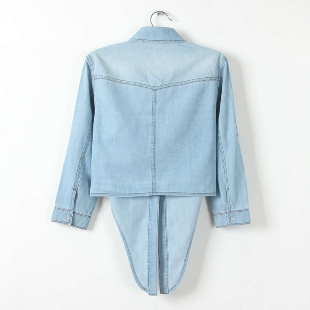 Tie up knot, mid sleeve, small shawl denim shirt, Korean version, women's short jacket, thin