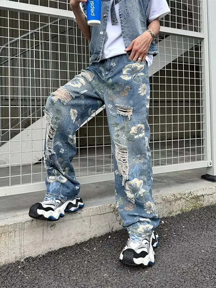 Ropa Y2K Streetwear Flowers Print Ripped Baggy Jeans Pants Men n Clothes Straight Grunge Denim Trousers Pantalon Homme 240821