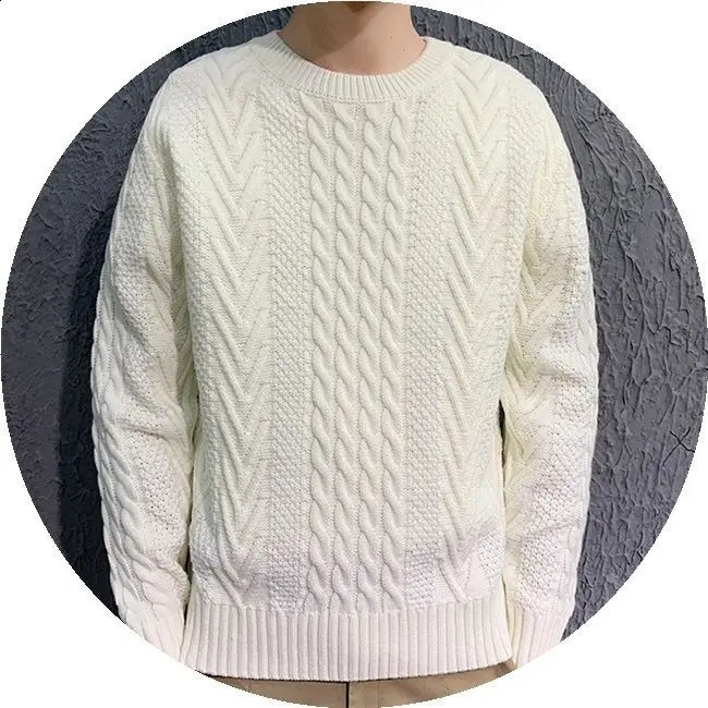 Mens Autumn Winter Fashion Simple Solid Round Neck Pullover Screw Thread Casual Versatile Long Sleeve Loose Sweater Knit Tops 240821