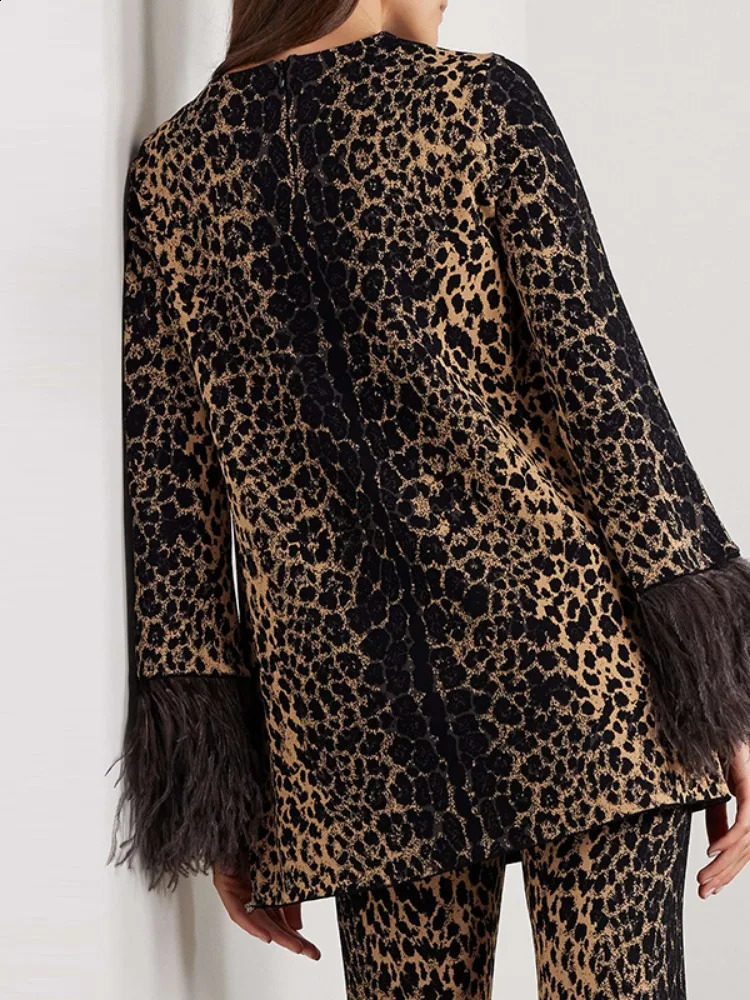 Freeacy Womens Leopard Print Autumn Winter Suit Round Neck Loose Fit Shirt Top and High Waist Wide Leg Pants Two-piece Sets 240820