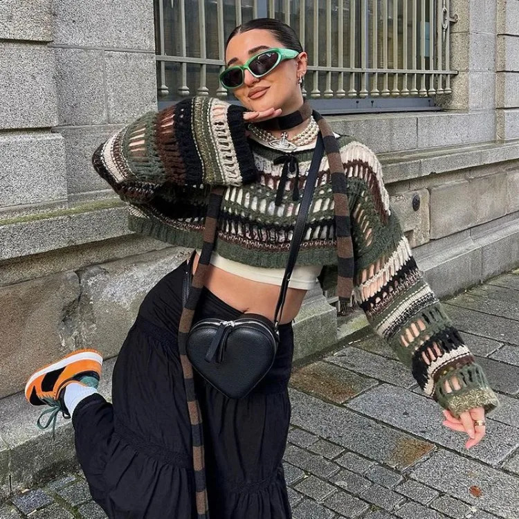 Harajuku Green Striped Lazy Knitted Top Womens Early Autumn Oneck Lace Pulling Rope Y2k Hollow Long Sleeve Sweater 240821