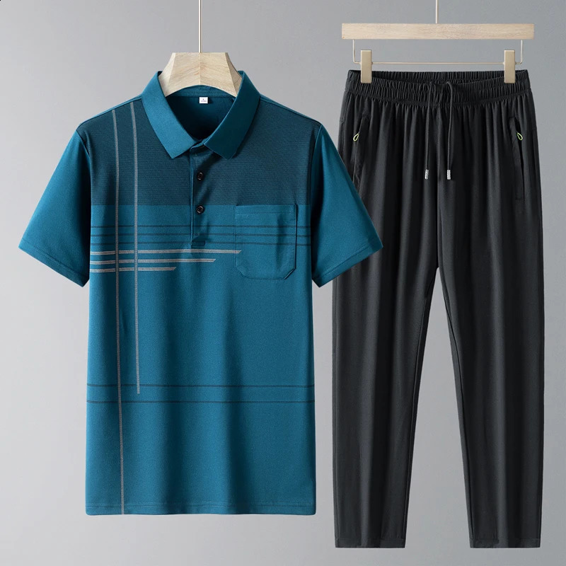 Simplicity Casual Summer Print Ice Silk Mens Lapel Button Pockets Loose Short Sleeve Tops Trend Elastic Waist Pants Sets 240821