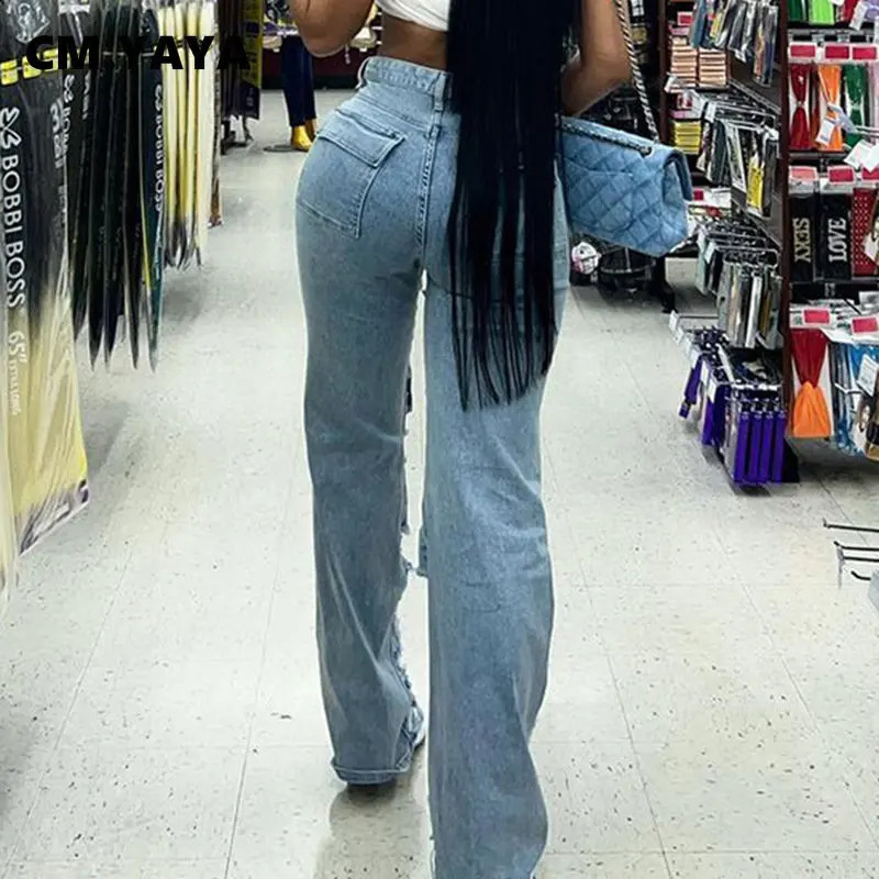 CMYAYA Women Ripped Hollow Out Tassel Pocket Front Safari Style Jeans Summer INS Strt Denim Pants Trousers Z260313