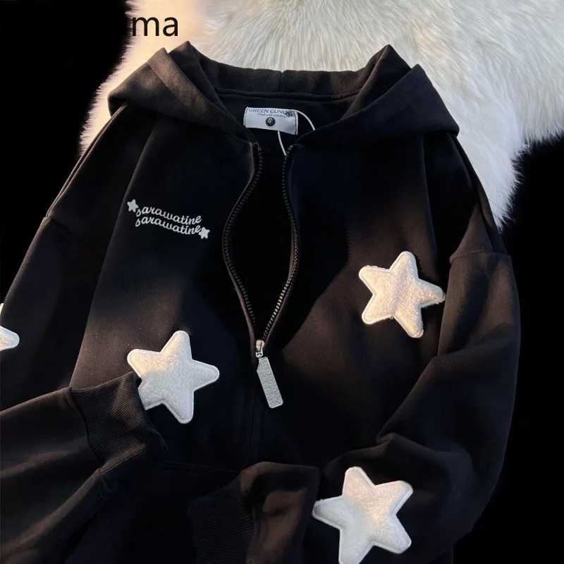 Streetwear Embroidery Star Hoodie Women Clothing Thicked Zipper Hooded Jackets Y2k Tops Casual Fashion Vintage Sweatshirts Coat 240821