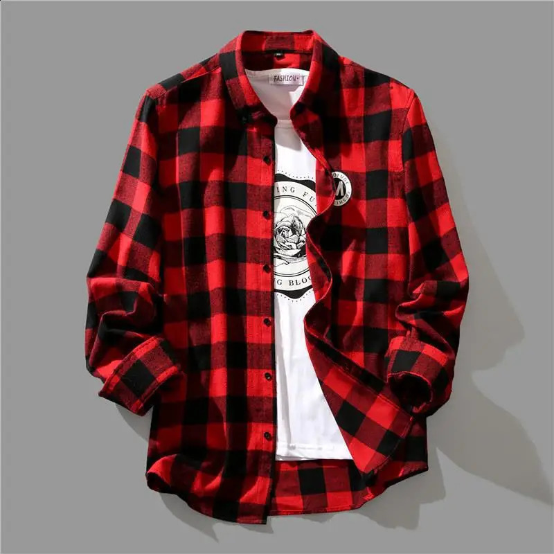 Cotton black and white checkered mens shirt Korean spring loose casual single-layer long sleeved top 240821