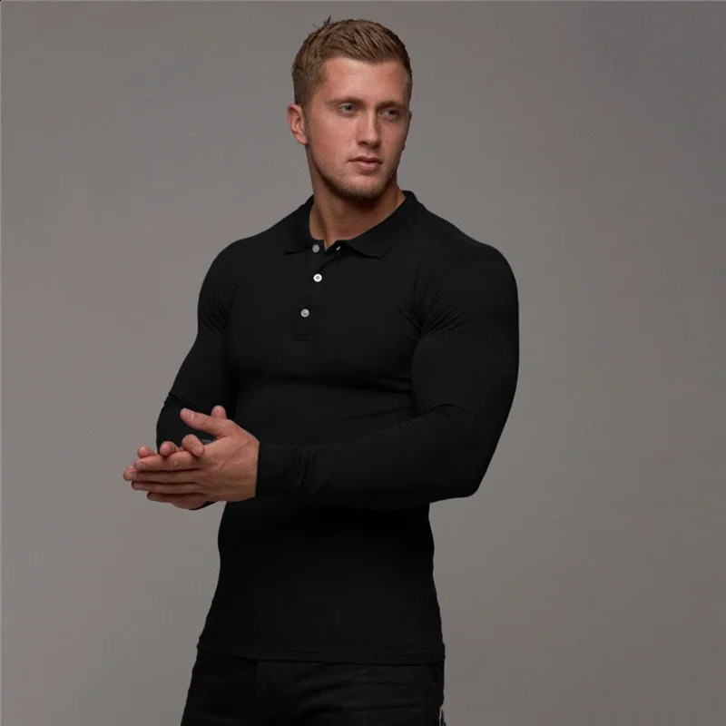 Cotton Breathable Mens Polo Shirt Fitness Men Cotton Long Sleeve Poloshirt s Clothing Autumn Mens Polo Shirts 240820