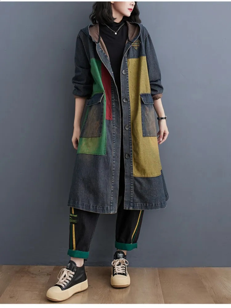 Oversized Autumn Denim Long Hoodies Trench Coat Women Modis Print Patchwork Ladies Windbreaks Casual Loose Woman 2023 240820 - view 5