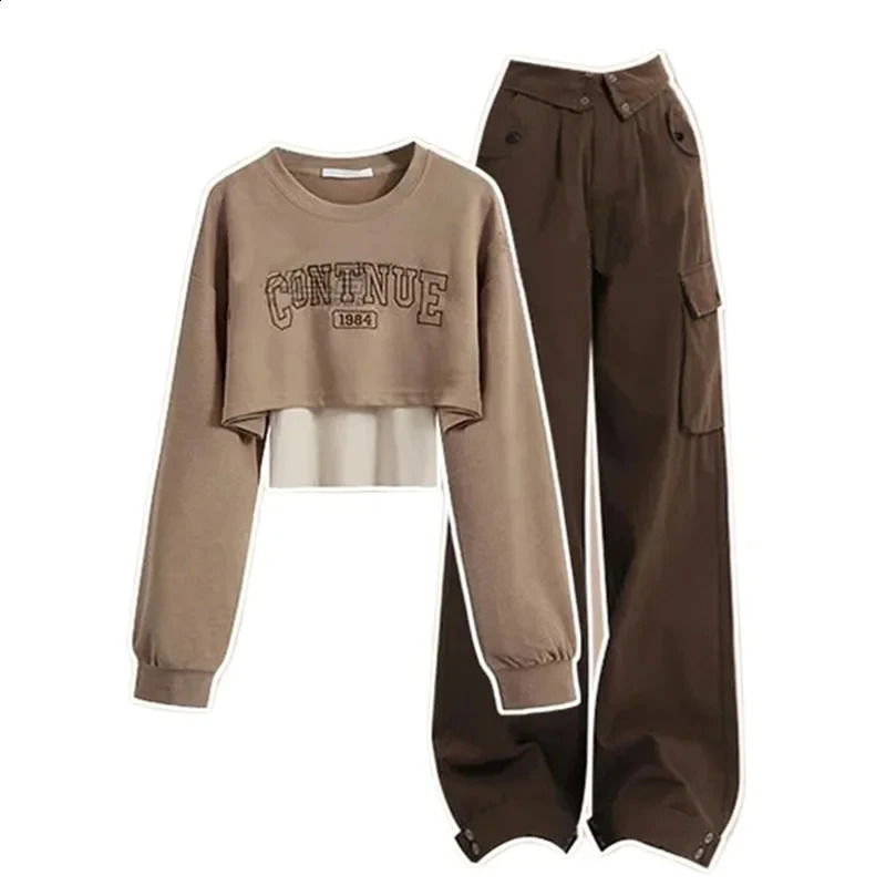 Autumn Wear Womens Set Korean Edition Round Neck Top with Hanging Strap Work Pants Three Piece Set Clothes for Women 240820