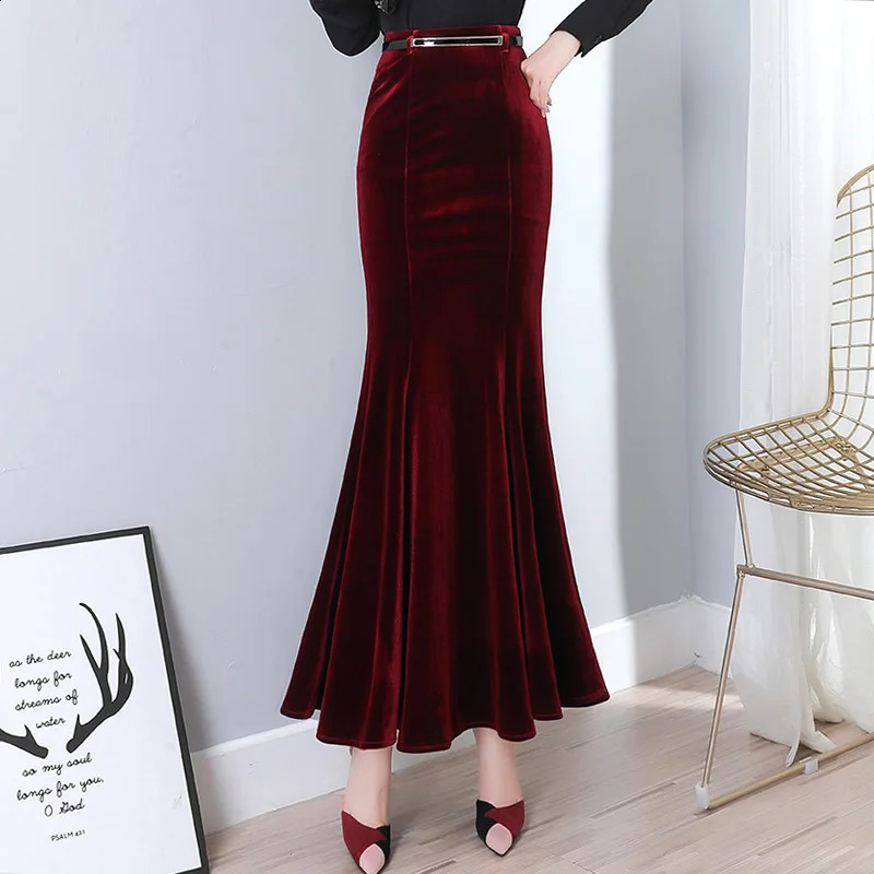 Autumn Vintage Velvet Black Long Mermaid Skirt Fashion Women Elegant Velour Skirts With Belt DQ1279 240820