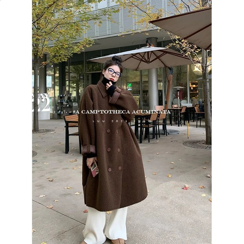 Temperament Lamb Wool Coat Womens Winter Fat Sister British Style Lazy Over Knee Loose Long Wool Coat Solid Color 240820