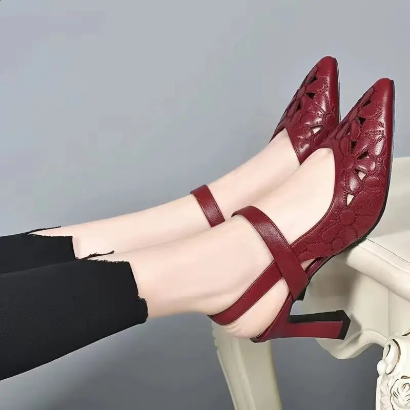 Ladies Shoes Pointed Toe Sandals for Women Block Heel Pumps Footwear Outdoor Red Heeled High Heels Summer 2024 Chunky Thick Sale 240819