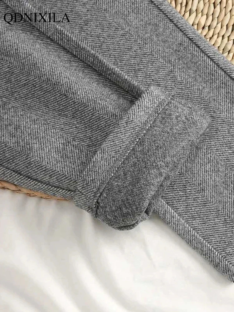 Autumn Woolen Womens Pants Korean Fashion Hight Waist slimming Suit Pants Vintage Plus Size Straight Harem Casual Trousers 240821