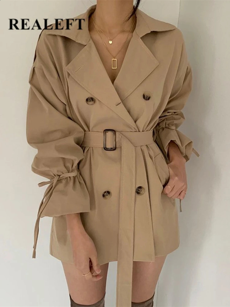 REALEFT 2023 Autumn Winter Khaki Minimalist Womens Trench Coat Sashes Windbreaker Loose Flare Sleeve Double Breasted 240820