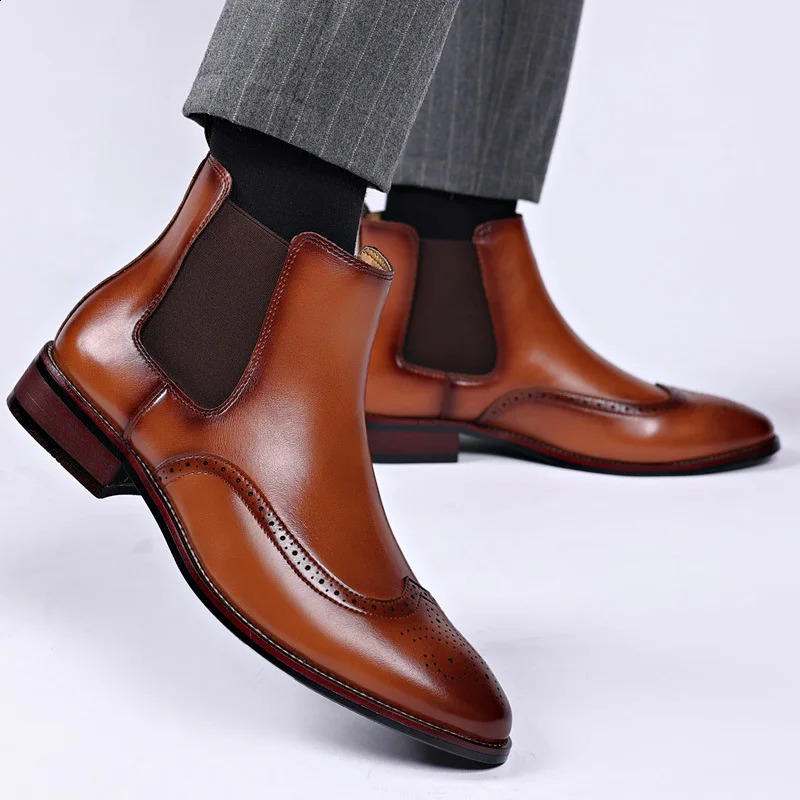 Mens Classic Retro Chelsea Boots Mens Brogue Leather Ankle Boots Mens Fashion Short Boots Casual Business Shoes 240821bj