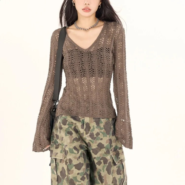 autumn Vneck knitted top Mujer Fashion All match ultrathin fit sweater Y2k EGirl flash sleeve puller 240821