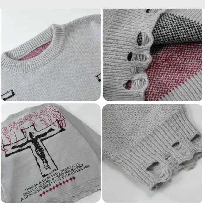 Y2K Grunge Vintage Sweaters Streetwear Hip Hop Ripped Hole Knitted Cross Punk Gothic Jumpers Fashion Harajuku Knit Pullover 240821