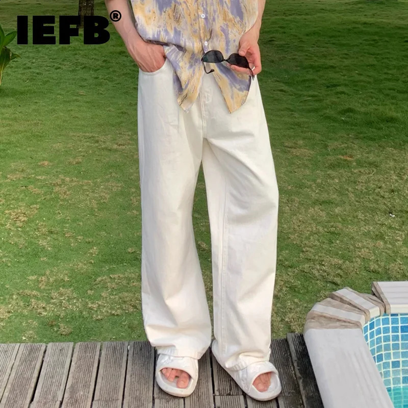 IEFB Korean Style Mens Denim Pants Casual Button Straight Wide Leg Male Jeans Loose Menwear Autumn Fashion 9C6794 240821