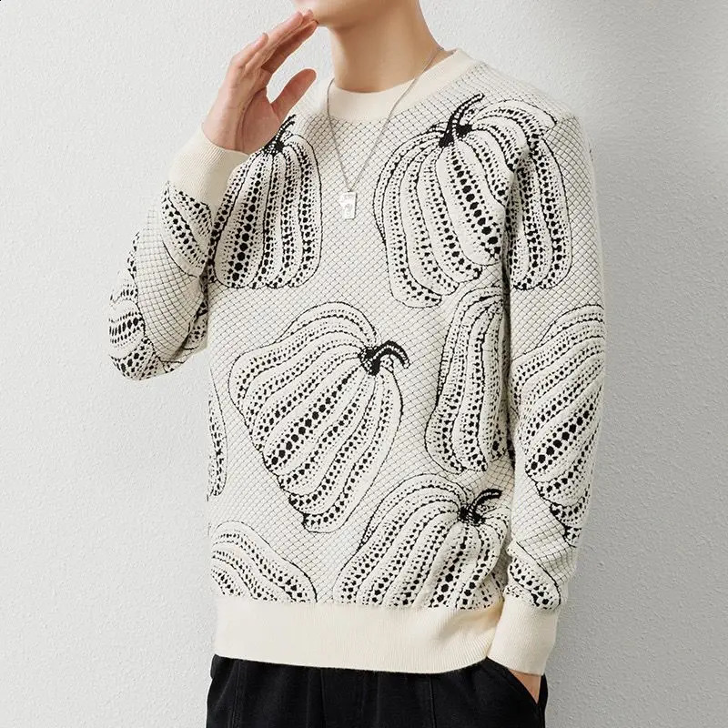 Mens Printed Long Sleeved Sweater Autumn and Winter Fashionable Round Neck Trendy Casual Loose Pullover Knitted Bottom Tops 240821