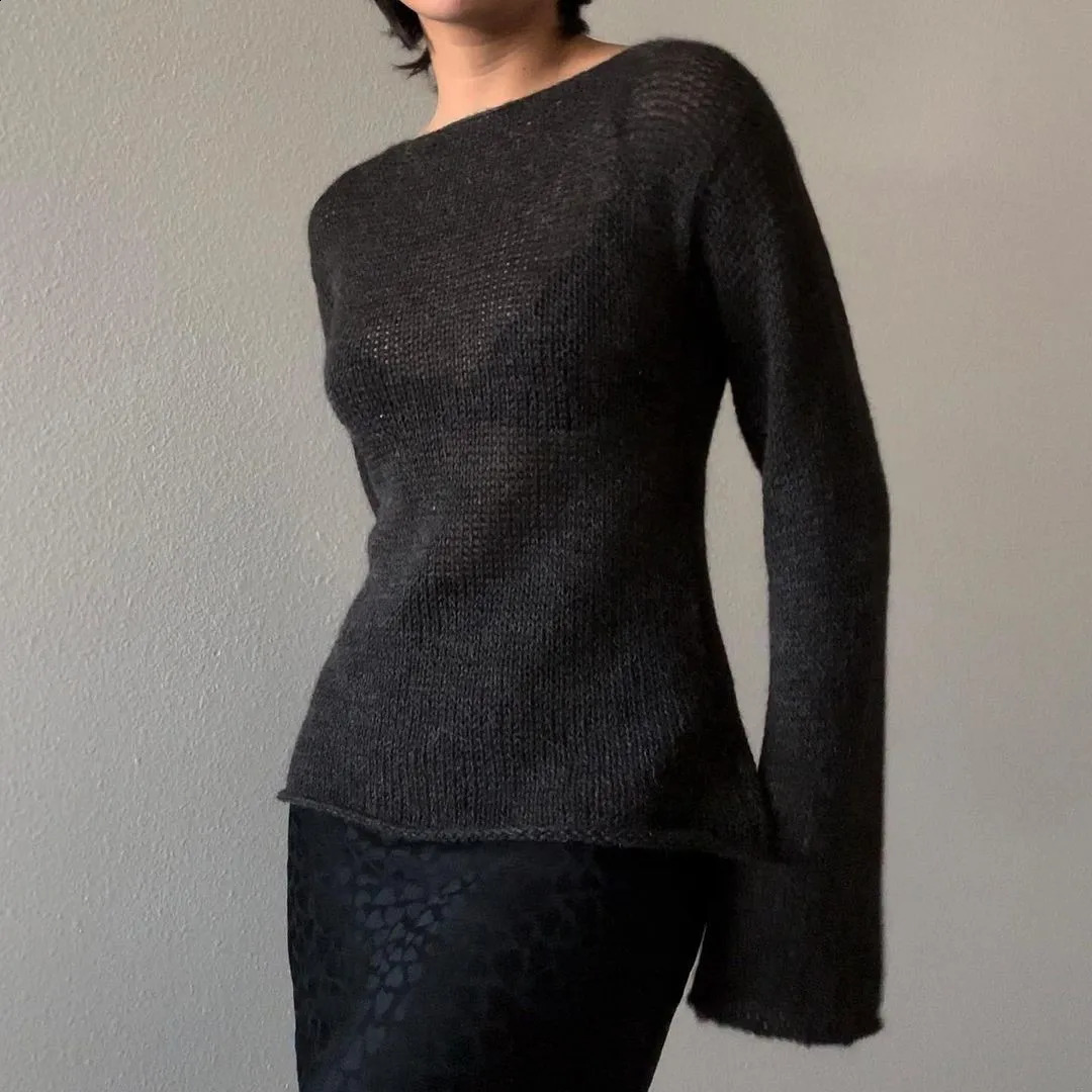 Womens Y2K retro sweater Flare long sleeved boat neck solid color knitted floral casual top 240821