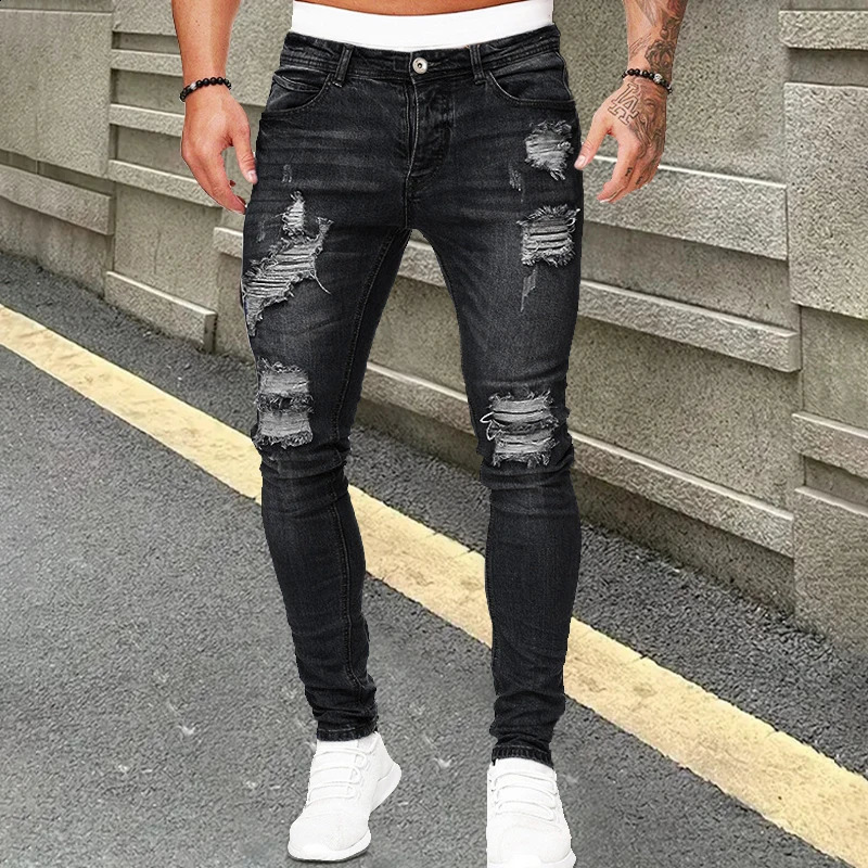 Street Casual Black Denim Pencil Summertime Cargo pants Vintage washing Ripped skinny jeans Jeans Spring and autumn men slim 240821