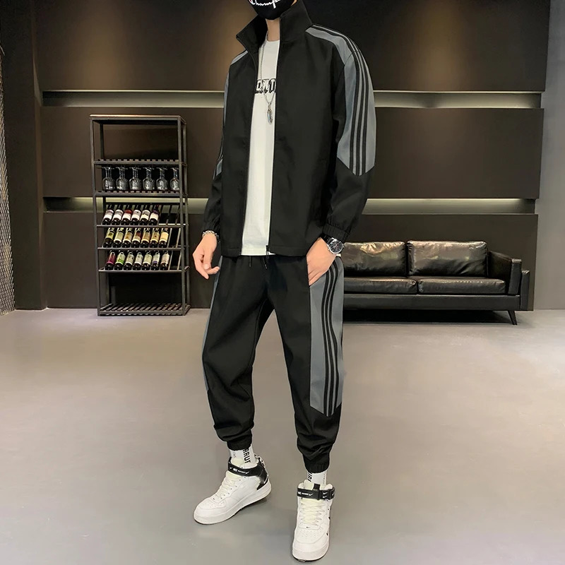Spring And Autumn Mens Loose Cardigan Striped Top Casual Loose Drawstring Pants Outdoor Running Sports Mens Clothing 240821
