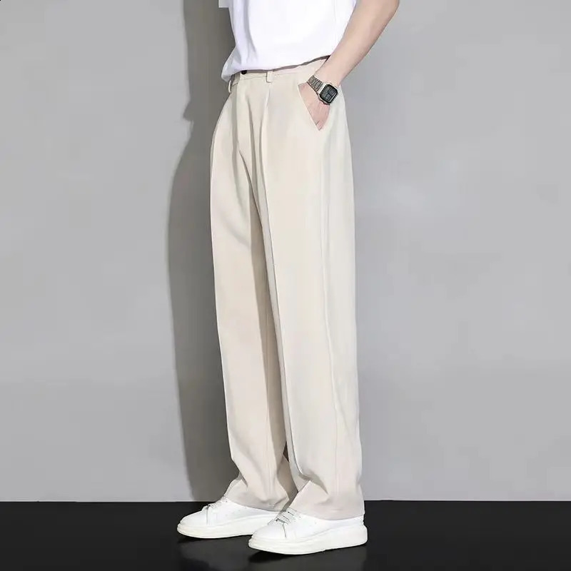 Summer Thin Ice Silk Suit Pants For Men Elastic Waist Wide Leg Straight Trousers Korean Cool Breath Casual Pant Streetwear 240820