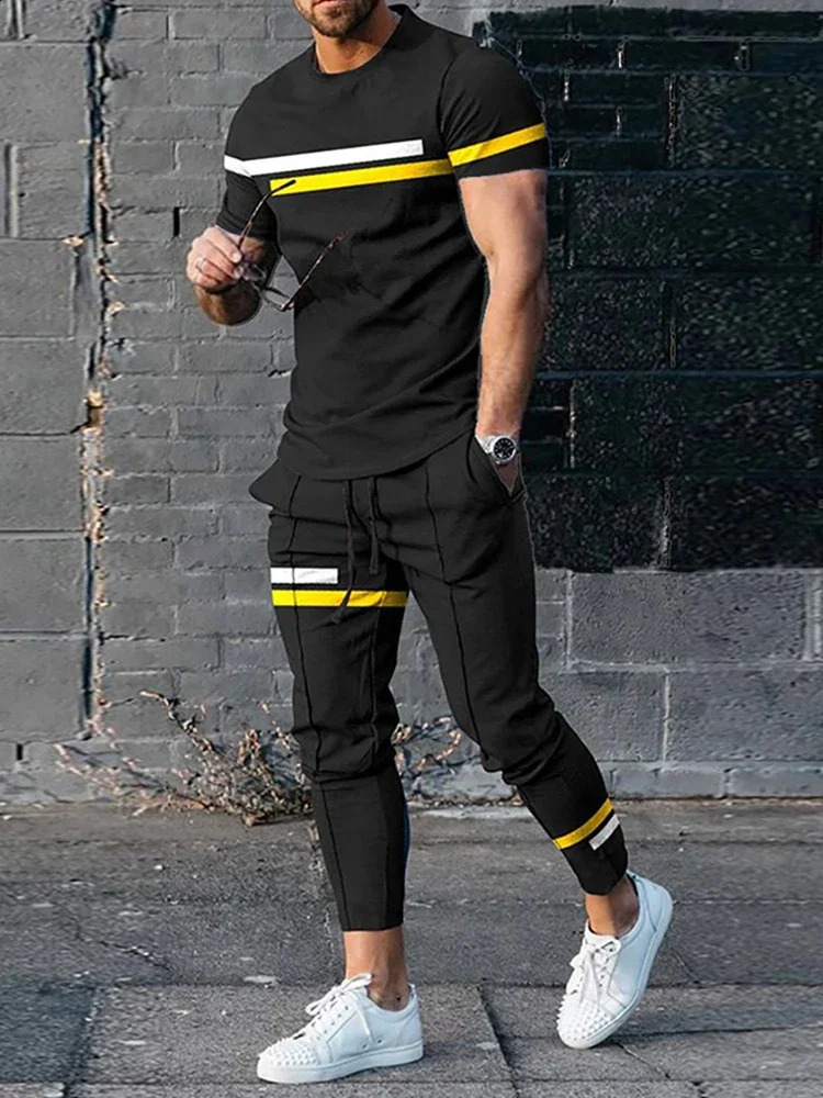Mens Tracksuit Printed Sportswear Summer Short Sleeved T-shirt Trousers Suit Casual Joogers 2 Piece Sport Tshirts Long Pant Set 240821