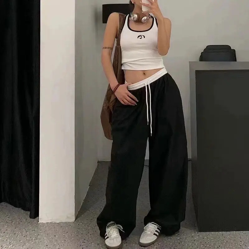 QWEEK Y2k Vintage Oversized Womans Sweatpants Baggy Korean Fashion Casual Pants Wide Blue Thin Trousers America Retro Patchwork 240820