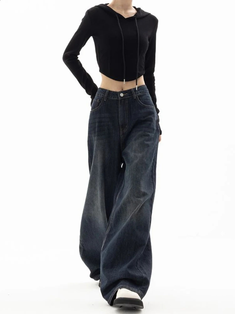 HOUZHOU Vintage Women Wide Leg Jeans Harajuku Baggy Denim Trousers Oversized Grunge Streetwear Y2k Autumn Pants Korean Fashion 240821