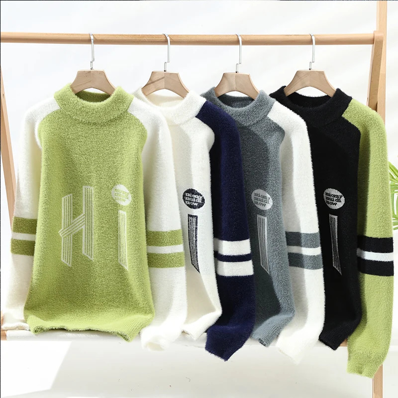 Mens Loose Autumn and Winter Pullover Round Neck Spliced Printed Sweater Fashion Casual Bottom Knitted Long Sleeved Tops 240821